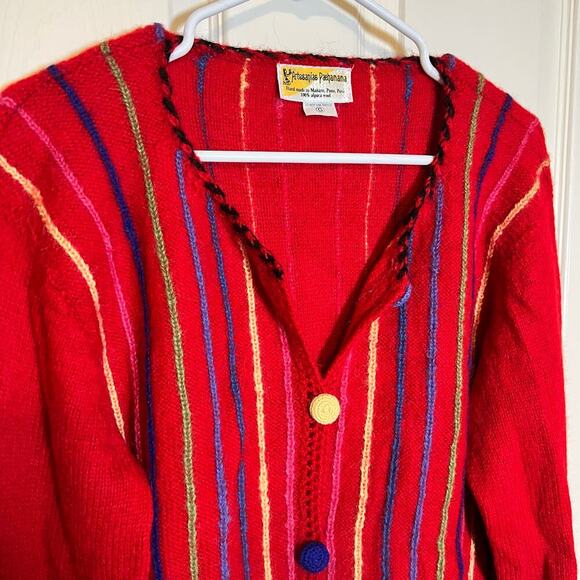 Handmade Peruvian 100% Alpaca Wool Sweater Art to Wear Red Multi Color Stripe - Picture 2 of 9